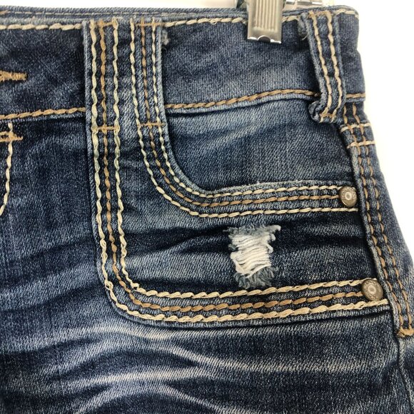 Almost Famous Denim Shorts Sz 1 Jrs Distressed Raw Hem Stretch Thick Stitches - Picture 3 of 10